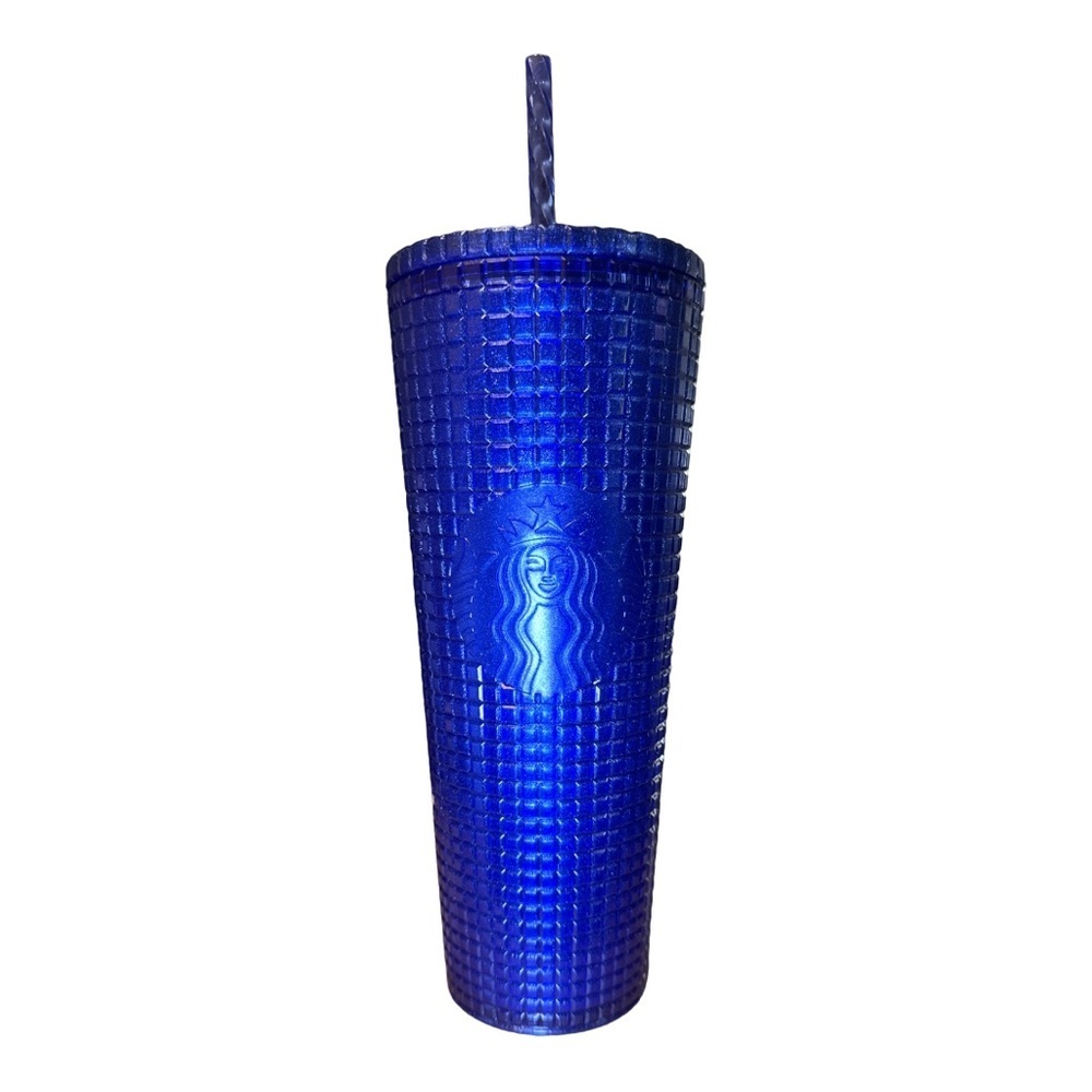 Starbucks 2023 Cobalt Blue Glitter Grid 24oz Cold Venti Tumbler with Straw NWT